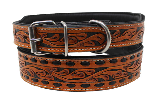 Padded Leather Buckstitch Floral Tooled Dog Collar 60FK38