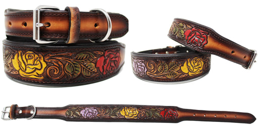 Padded Leather Hand Crafted Tooled Dog Collar 60FK39