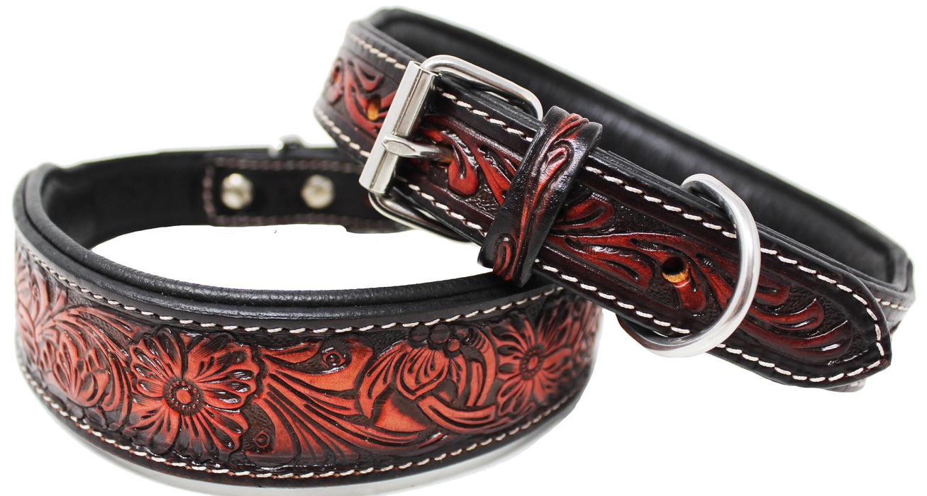 Padded Leather Hand Crafted Tooled Dog Collar 60FK41