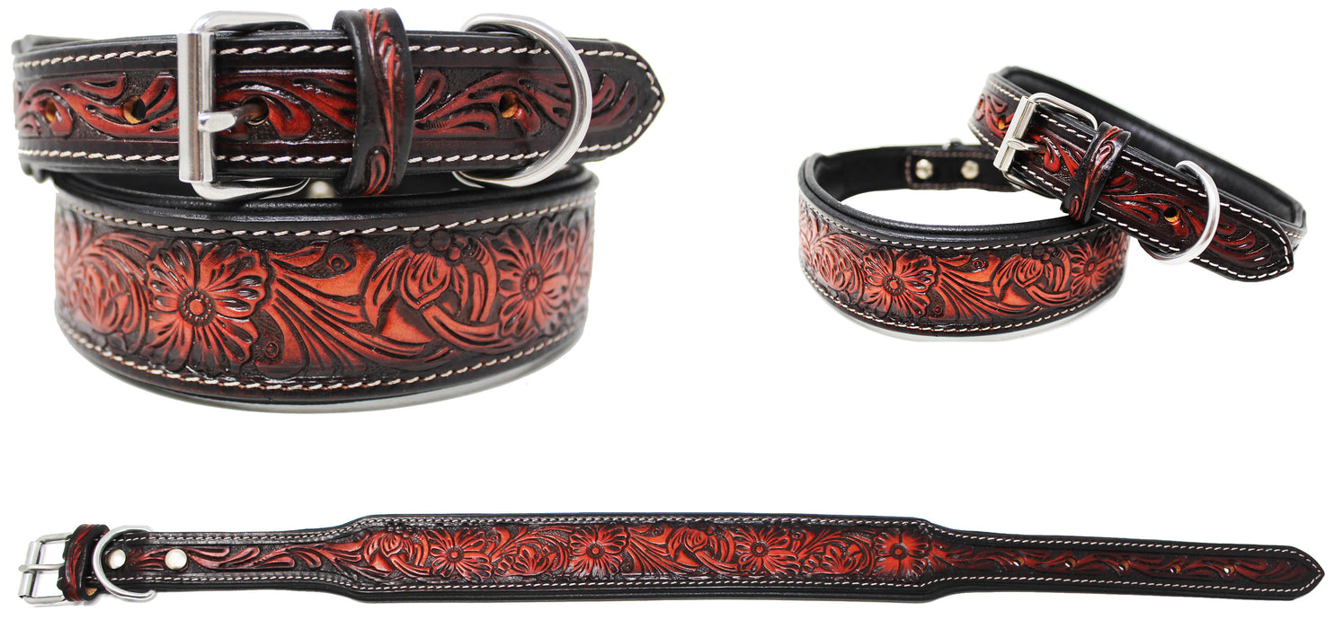 Padded Leather Hand Crafted Tooled Dog Collar 60FK41