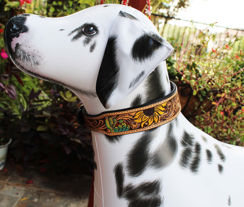 100% Cow leather Amish Padded Leather Hand Crafted Tooled Dog Collar Cactus 60FK42