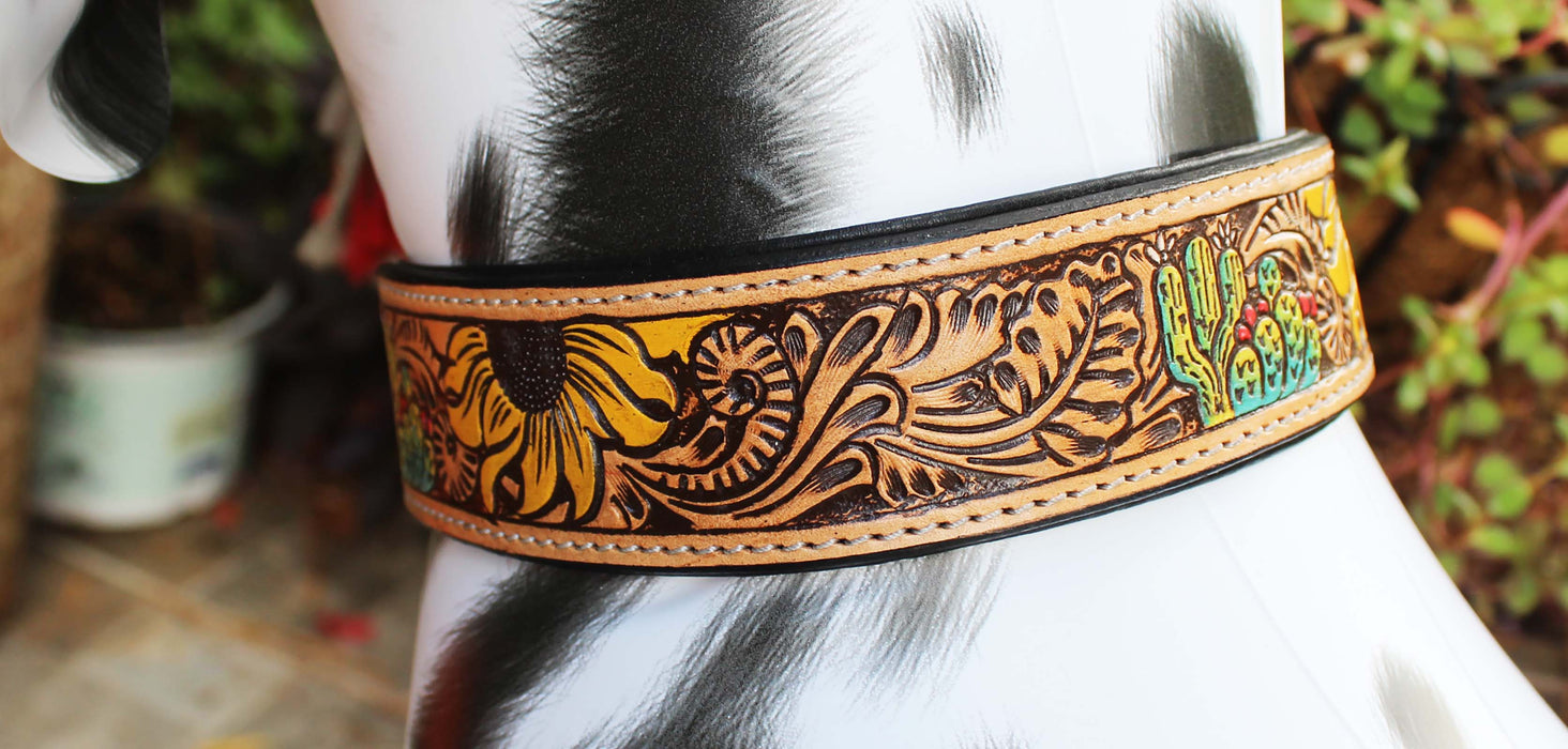 100% Cow leather Amish Padded Leather Hand Crafted Tooled Dog Collar Cactus 60FK42