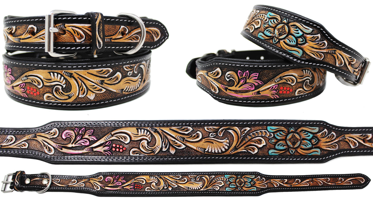 100% Cow Leather Challenger Padded Leather Hand Crafted Tooled Dog Collar 60FK43