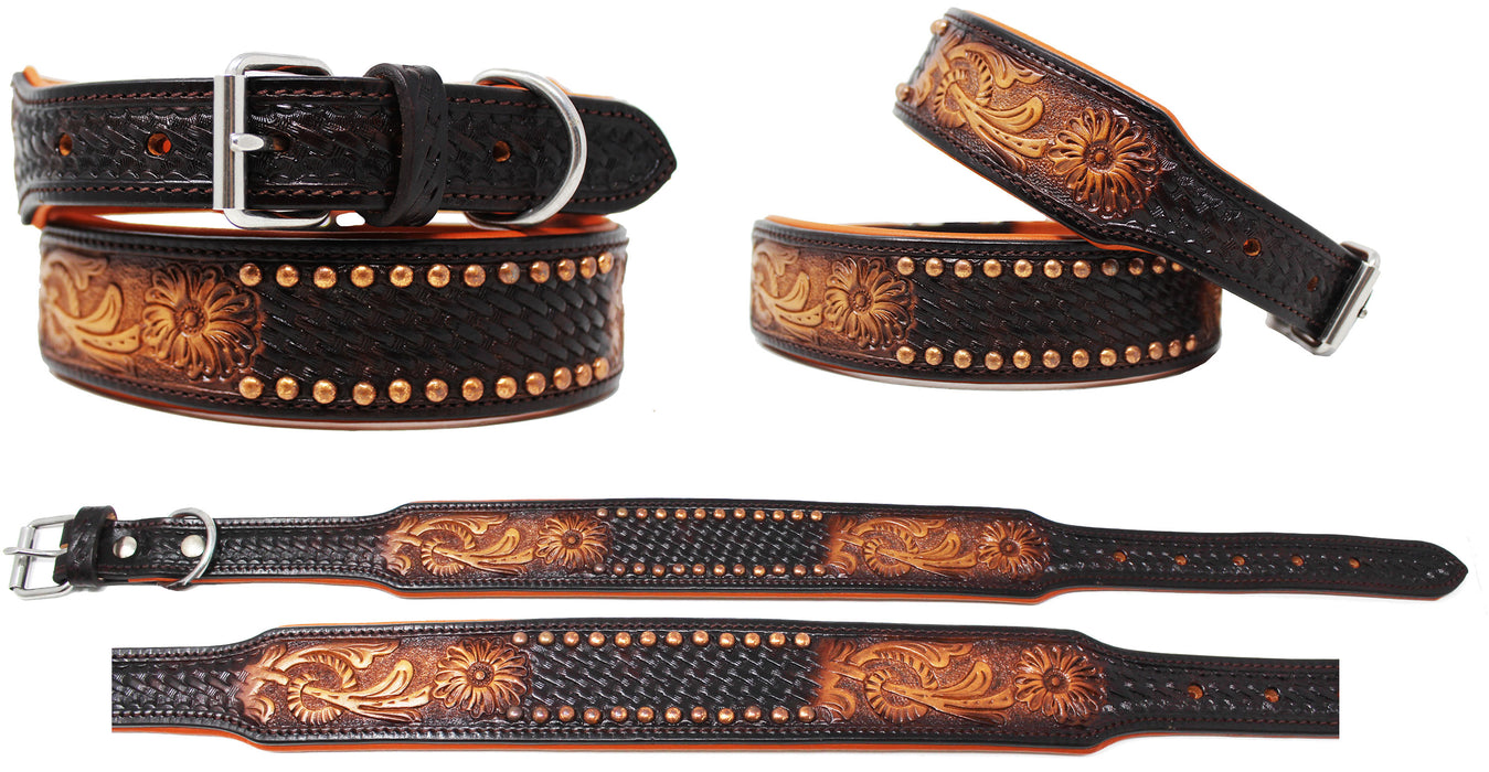 Padded Leather Hand Crafted Tooled Dog Collar 60FK46