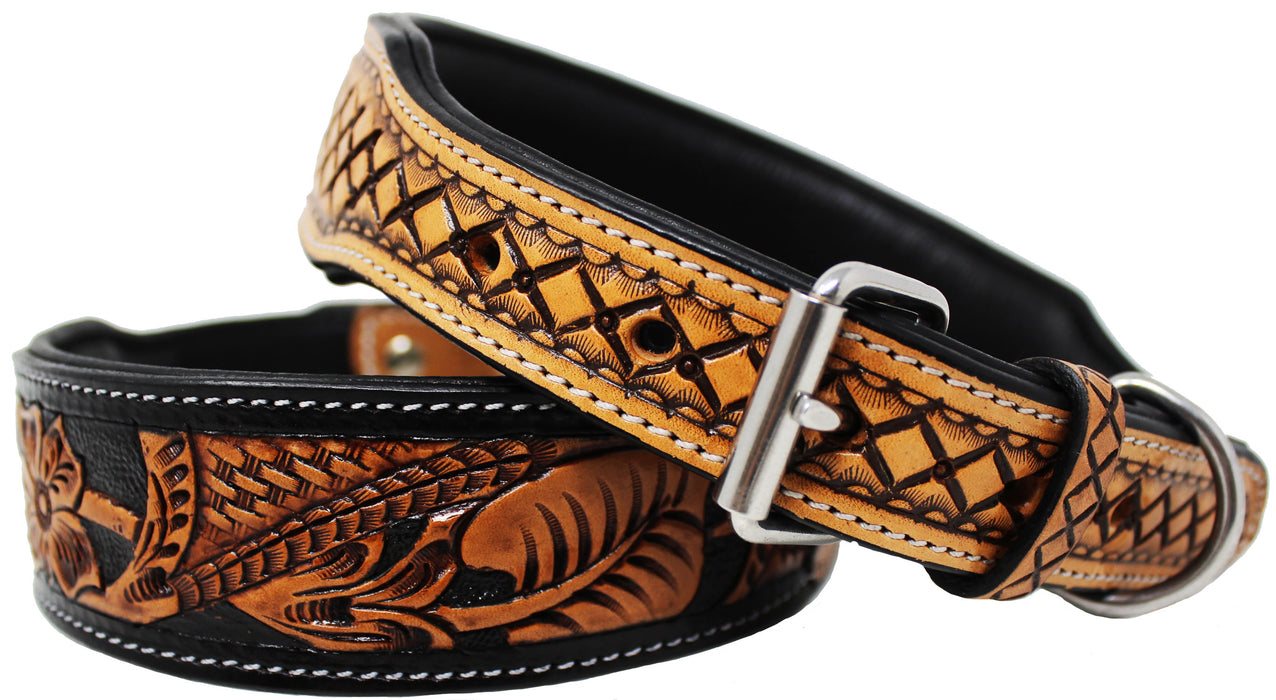 Padded Leather Hand Crafted Tooled Dog Collar 60FK47