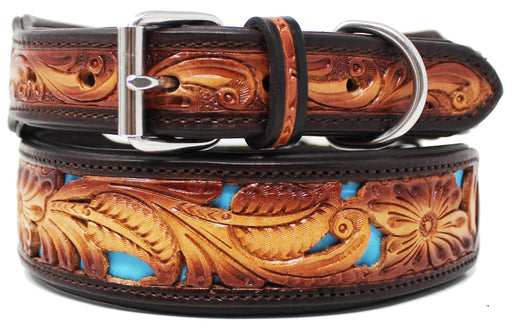 Padded Leather Hand Crafted Tooled Dog Collar Turquoise  60FK49
