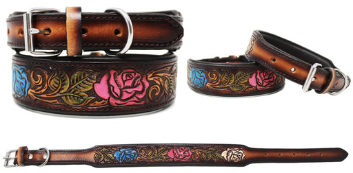 Padded Leather Hand Crafted Tooled Dog Collar 60FK52