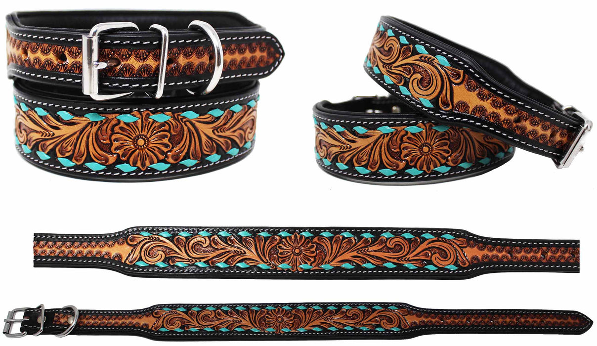 CHALLENGER Challenger 100% Cow Leather Heavy Duty Padded Tooled Dog Collar 60FK53