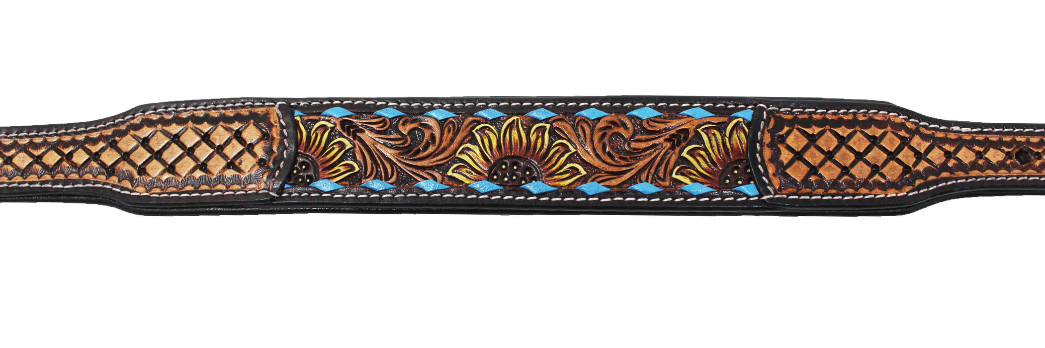 Handcrafted Sunflower Tooled Leather Dog Collar Turquoise 60FK54