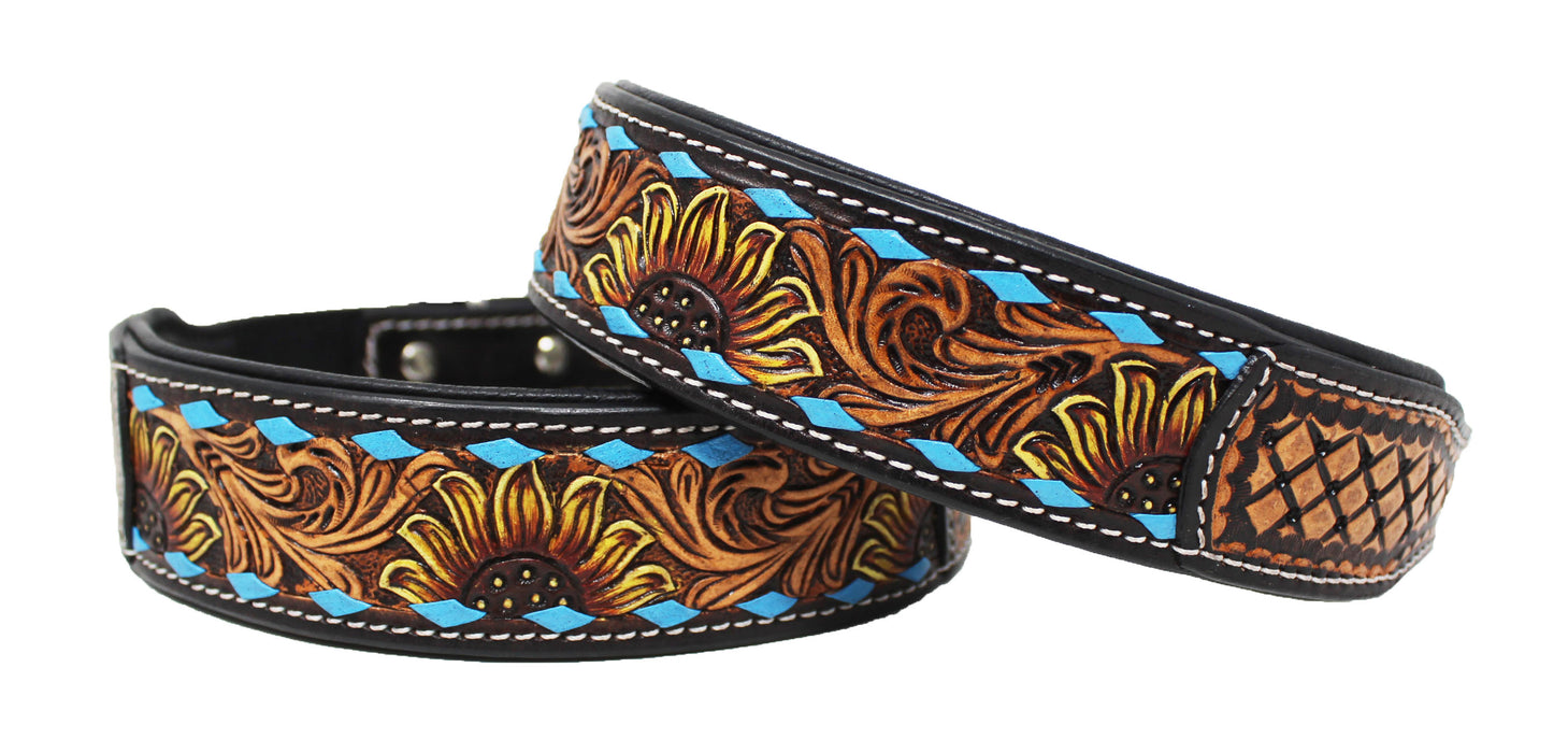 Handcrafted Sunflower Tooled Leather Dog Collar Turquoise 60FK54