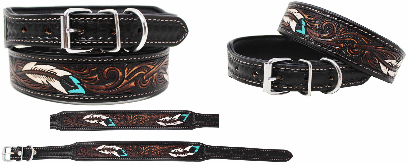 Handcrafted Sunflower Tooled Leather Dog Collar Turquoise 60FK56