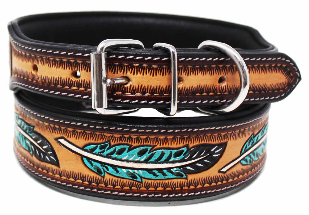 Handcrafted Turquoise Feather Tooled Leather Dog Collar 60FK60