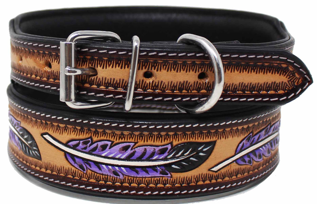Handcrafted Tooled Leather Dog Collar Purple Feather 60FK61