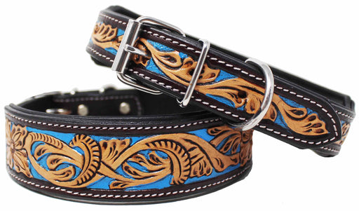 Handcrafted Tooled Leather Dog Collar Turquoise Inlay Filigiri 60FK62