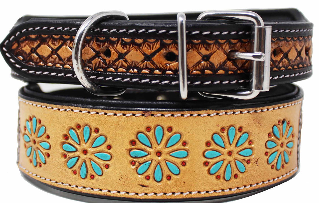 Handcrafted Tooled Leather Dog Collar Turquoise Daisy 60FK63