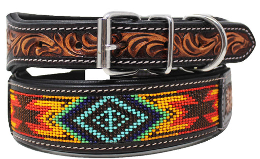 Handcrafted Beaded Tooled Leather Dog Collar Pet 60FK64