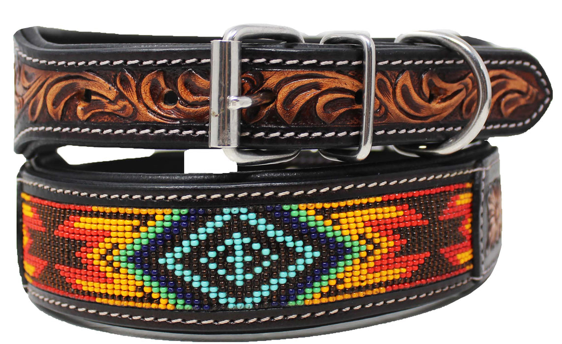 Handcrafted Beaded Tooled Leather Dog Collar Pet 60FK64
