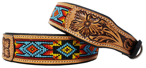 Handcrafted Aztec Beaded Tooled Leather Dog Collar Turquoise 60FK65