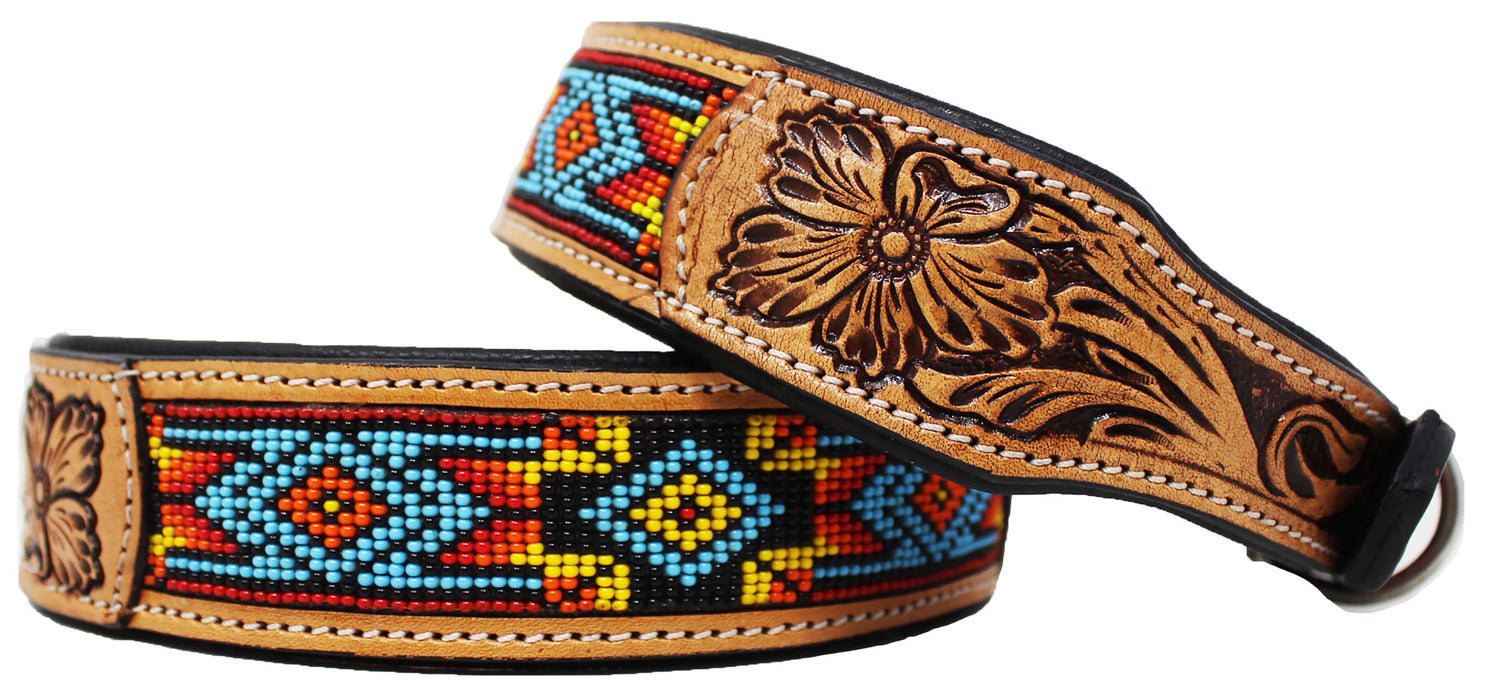 Handcrafted Aztec Beaded Tooled Leather Dog Collar Turquoise 60FK65