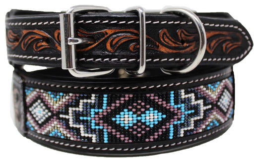 Handcrafted Beaded Tooled Leather Dog Collar Turquoise 60FK69