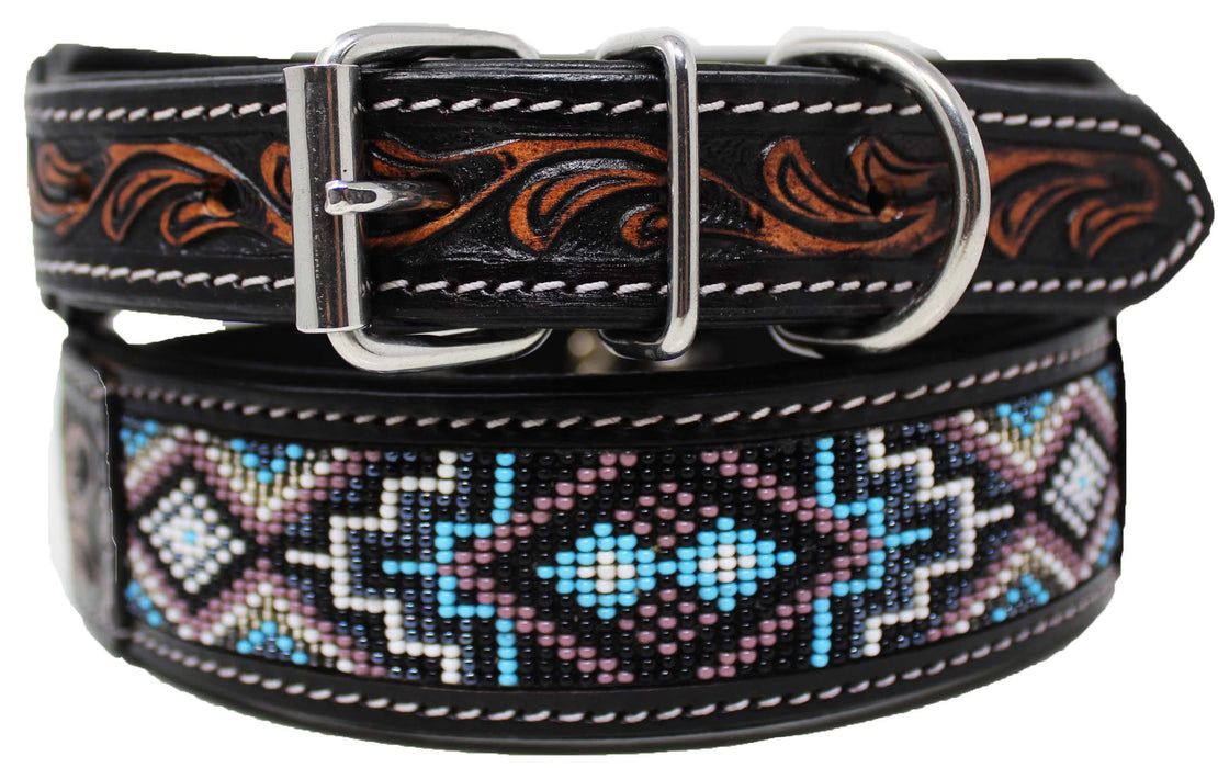 Handcrafted Beaded Tooled Leather Dog Collar Turquoise 60FK69