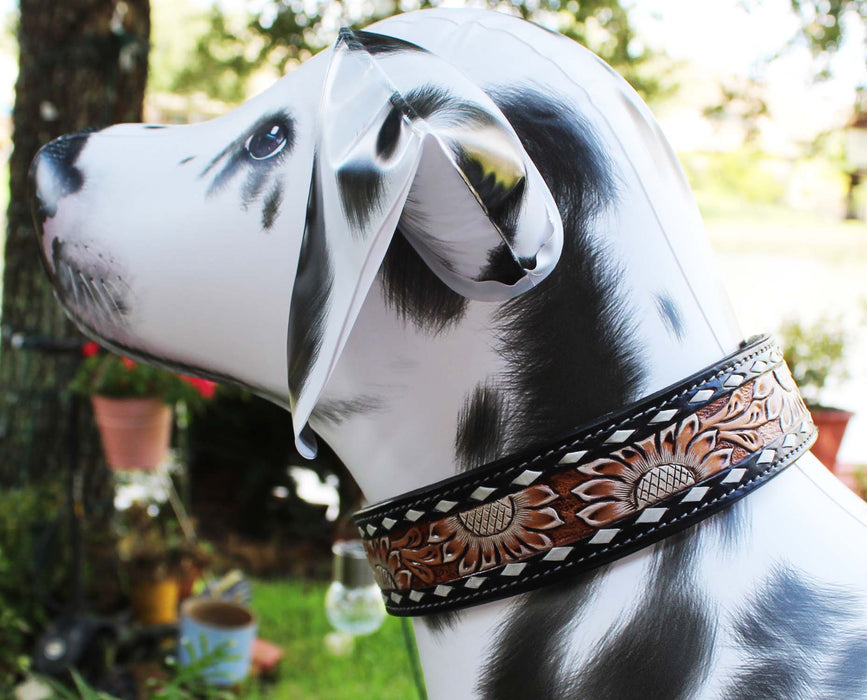Heavy-Duty Genuine Leather Handcrafted Antique Sunflower Tooled White Buckstitch Padded Dog Puppy Collar 60FK71