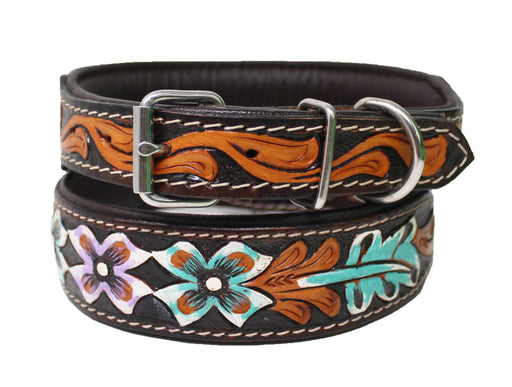 Hand Tooled Floral Padded Leather Beaded Dog Collar Floral Hand Tooled 60HR17