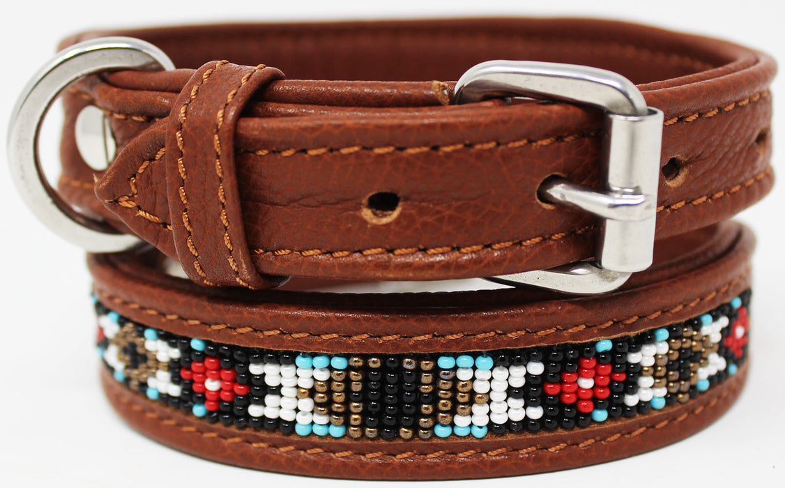 Soft Genuine Leather Beaded Padded Dog Puppy Collar  60RT01