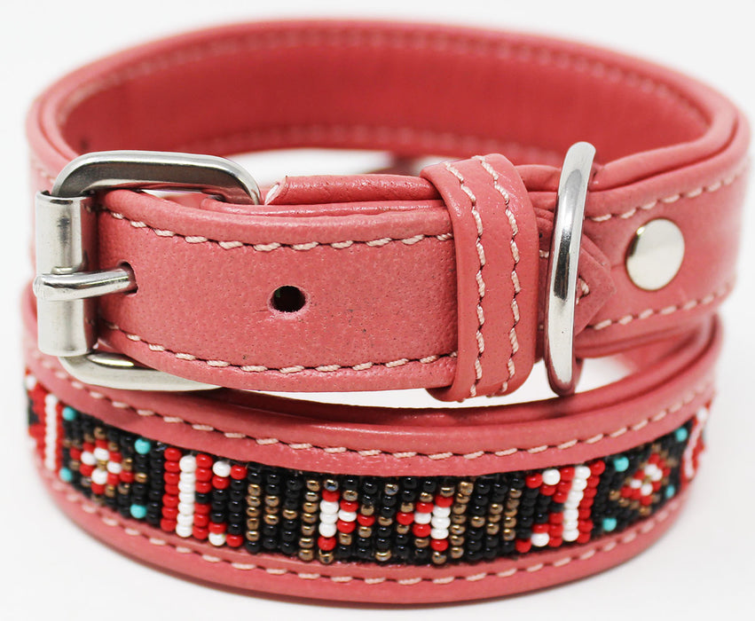 Soft Genuine Leather Beaded Padded Dog Puppy Collar  60RT02