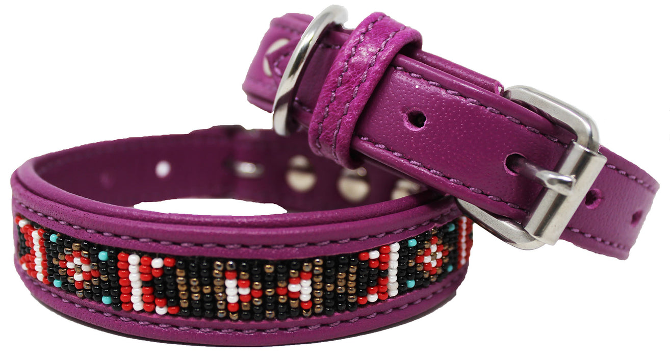 Soft Genuine Leather Beaded Padded Dog Puppy Collar  60RT02
