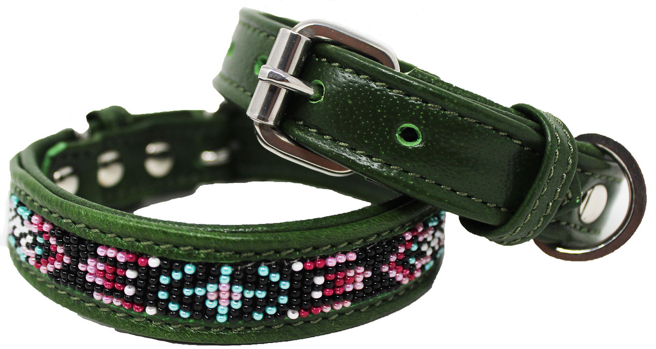 Soft Genuine Leather Beaded Padded Dog Puppy Collar  60RT03