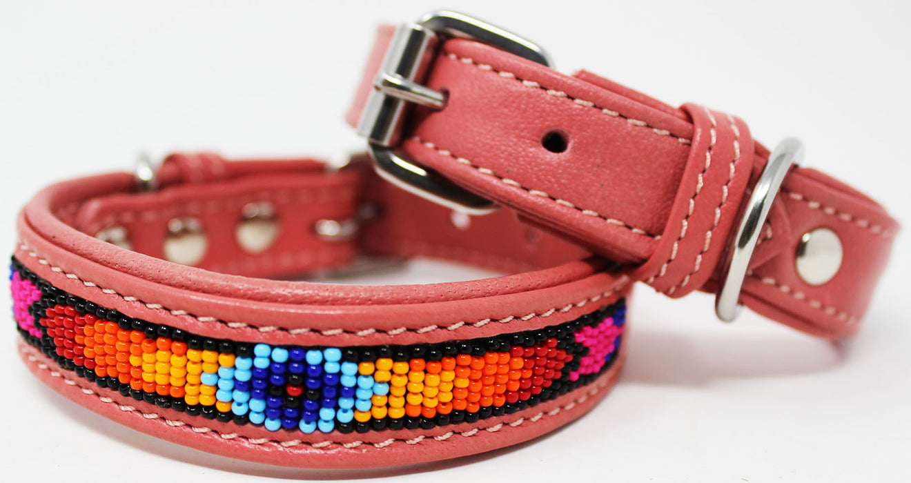 Soft Genuine Leather Beaded Padded Dog Puppy Collar  60RT05