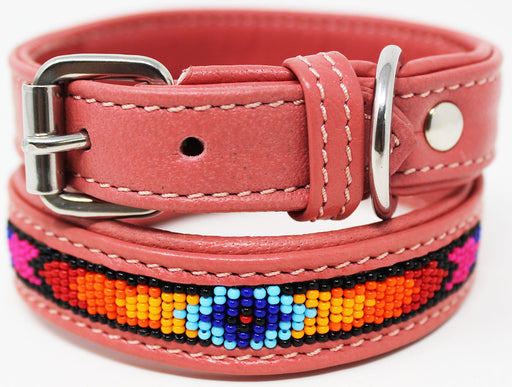 Soft Genuine Leather Beaded Padded Dog Puppy Collar  60RT05