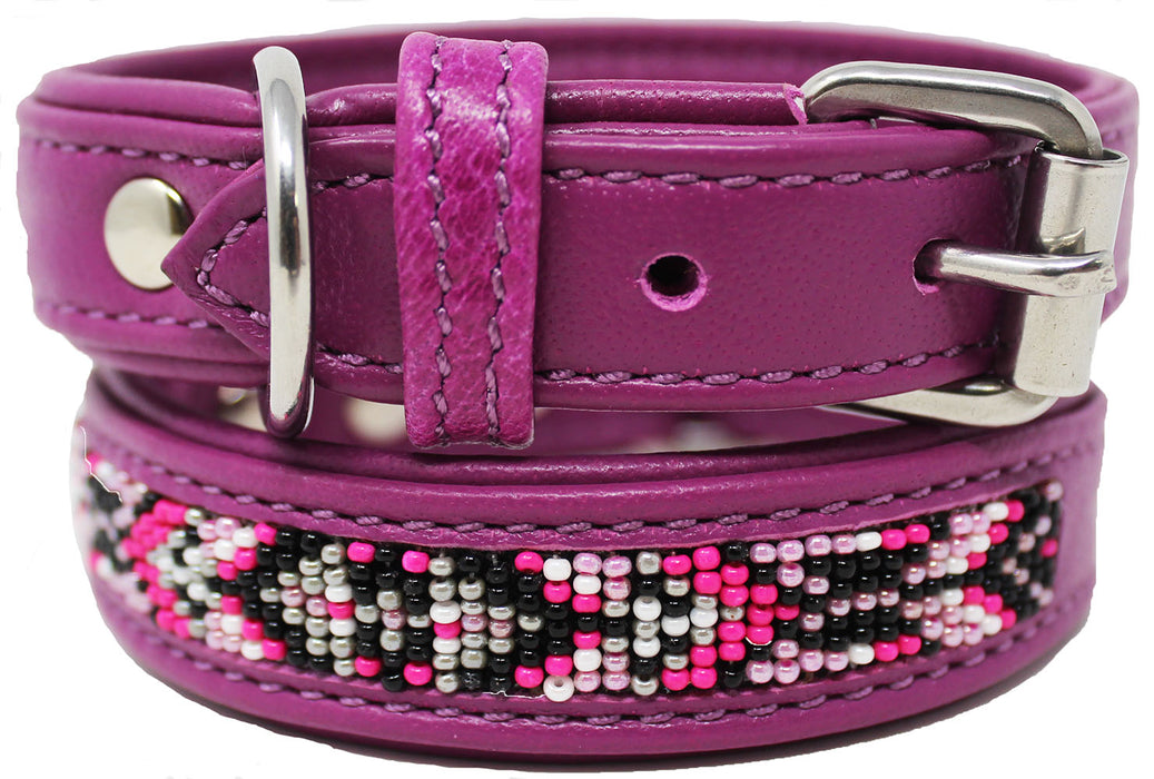 Soft Genuine Leather Beaded Padded Dog Puppy Collar  60RT13