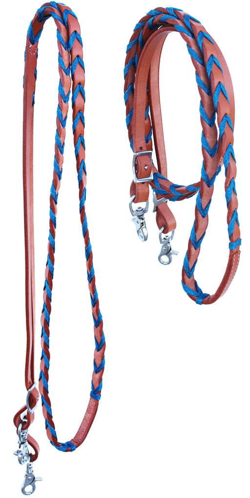 Equine Horse Western Leather Barrel Reins Tack Rodeo Nylon Laced Braided 6656