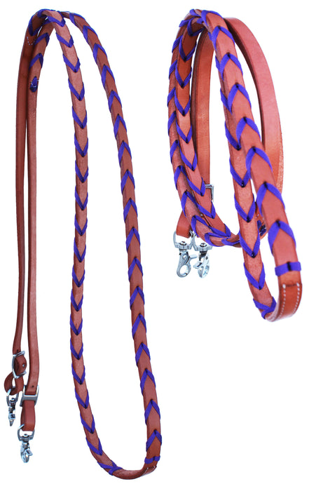 Equine Horse Western Leather Barrel Reins Tack Rodeo Nylon Laced Braided 6656