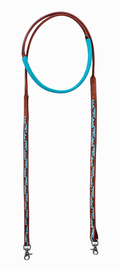Horse Western 8' Brown Leather Antique Floral Turquoise Rhinestone Barrel Reins 6680TR