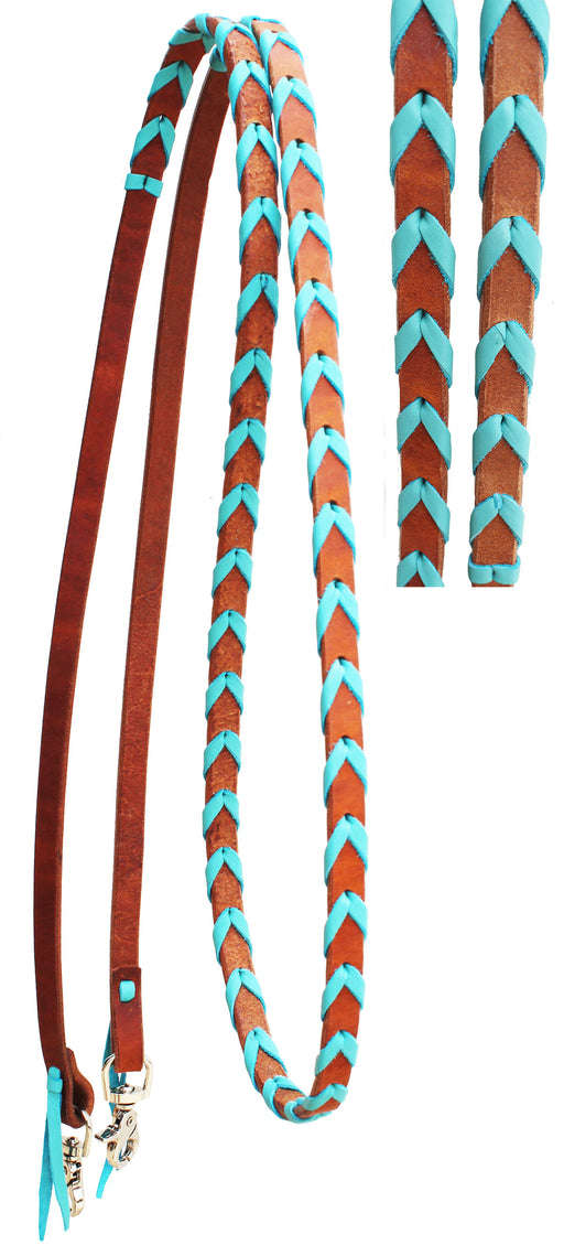 Horse Western Challenger Leather Turquoise Laced Barrel Contest Reins 6686