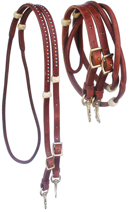 Horse 8' x 5/8" Western Harness Leather Rolled Studded Barrel Contest Reins 6691TN