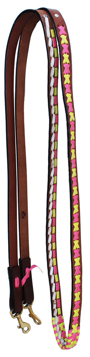 Horse Western Tan Leather 8' Lime Green Pink Laced Barrel Contest Reins 66AA02