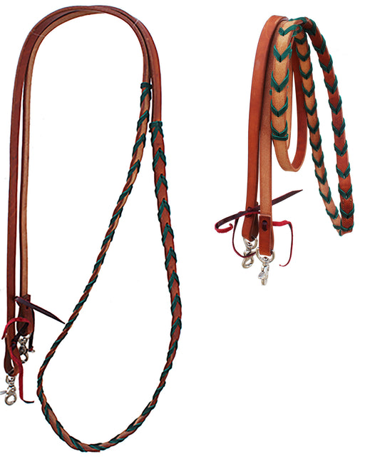 Horse Western Leather Barrel Contest Green Laced Barrel Reins w/ Snaps 805LR17GR