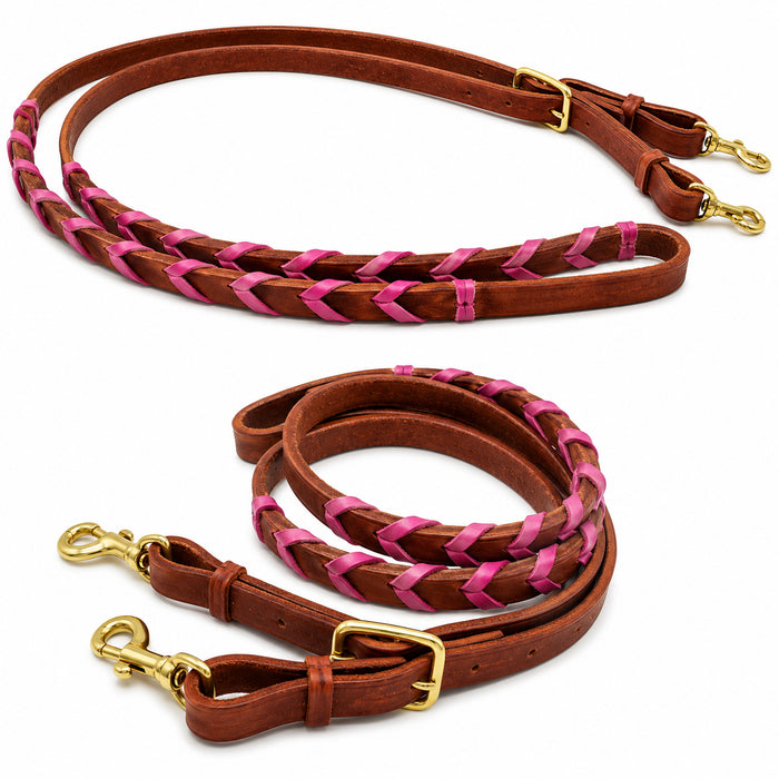 8' Horse Western Challenger Leather Latigo Laced Barrel Contest Reins 66RT10