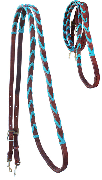 8' Horse Western Challenger Leather Latigo Laced Barrel Contest Reins 66RT10