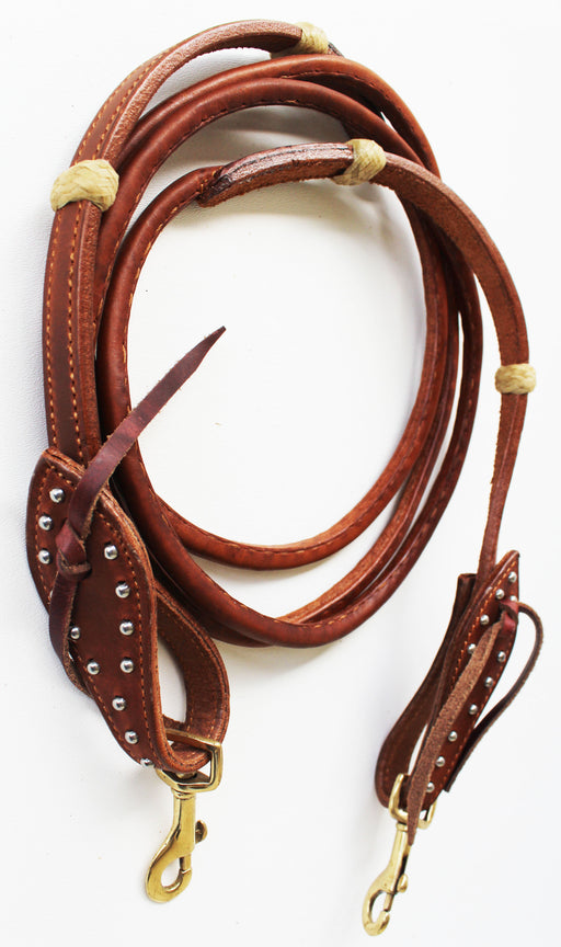 Horse Western Challenger Leather Rolled Tie End Barrel Reins Brass Rawhide 66RT13