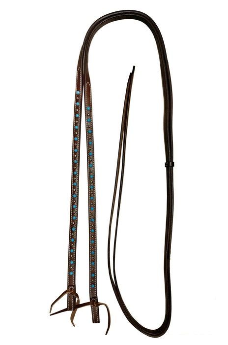Horse Western 8ft Brown Show Split Leather Reins Turquoise Stones 66RT23TR