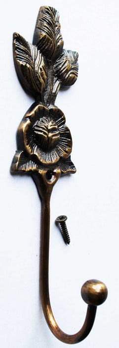 Vintage French Solid Brass Rose Wall Hook Coat Hanger Hanging Key Holder 6722, Size: Large: 7 W: 2, Gold