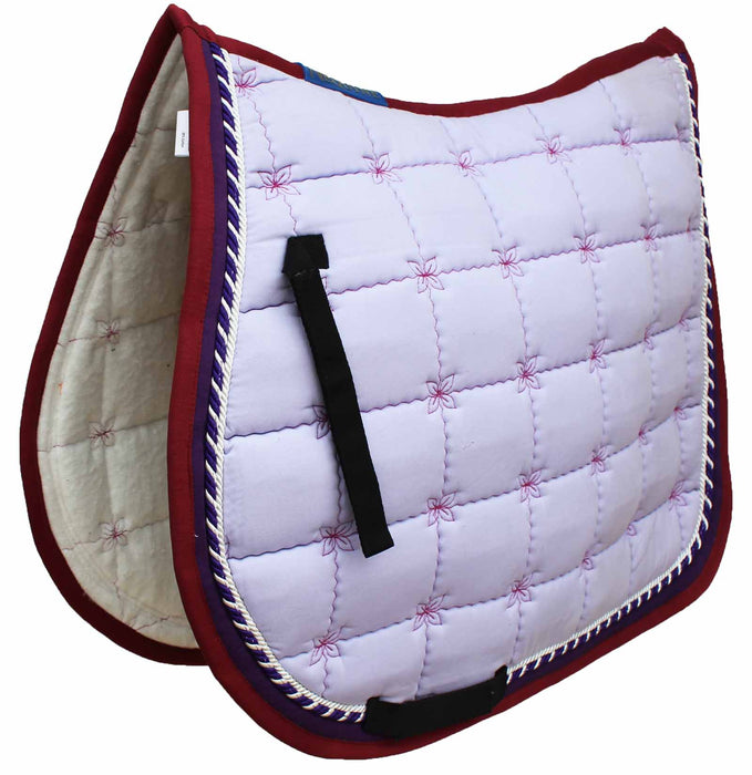 English All-Purpose Lilac Cotton Quilted Floral Embroidered Saddle Pad White 72F06