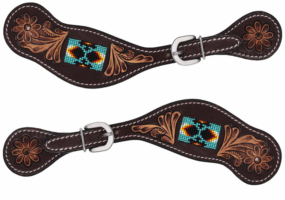 Horse Western Floral Tooled Leather Beaded Inlay Cowboy Rodeo Boots Spur Straps 74188