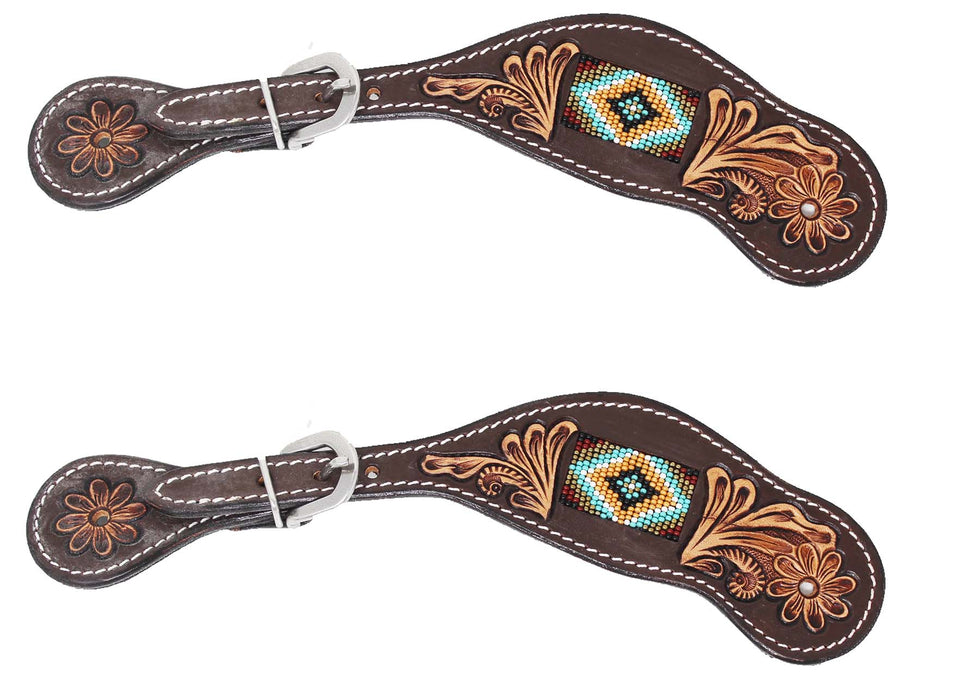 Horse Western Floral Tooled Leather Beaded Inlay Cowboy Rodeo Boots Spur Straps 74190