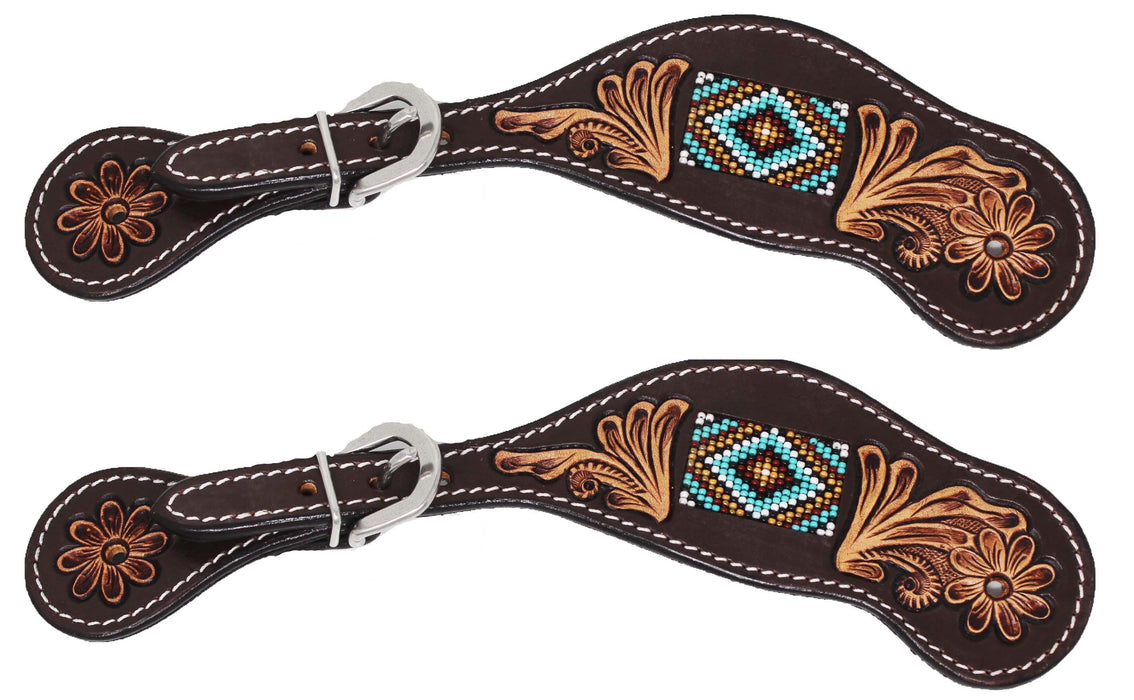 Horse Western Floral Tooled Leather Beaded Inlay Cowboy Rodeo Boots Spur Straps 74191